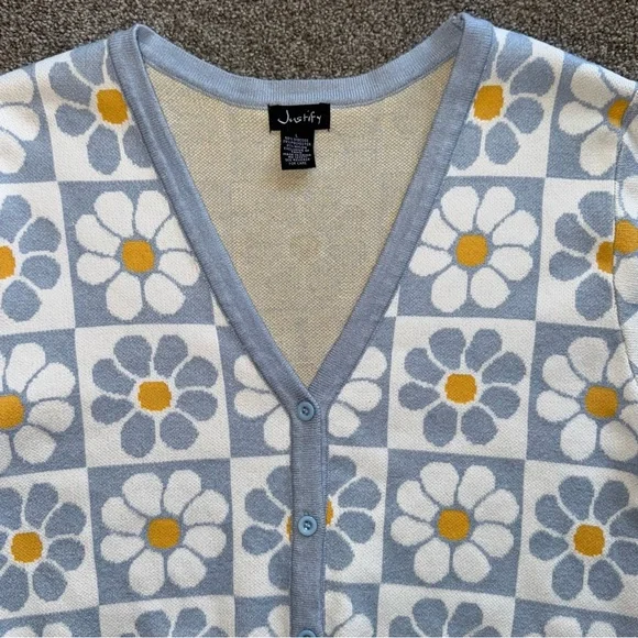 Justify Blue and Yellow Floral Grid Pattern Women's Cardigan Sweater Large - Picture 4 of 9